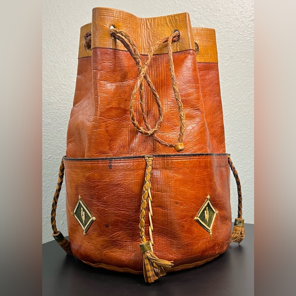 Vintage Moroccan Tuareg Goat Skin Leather Medicine Water Bucket Bag Beaded Braid
